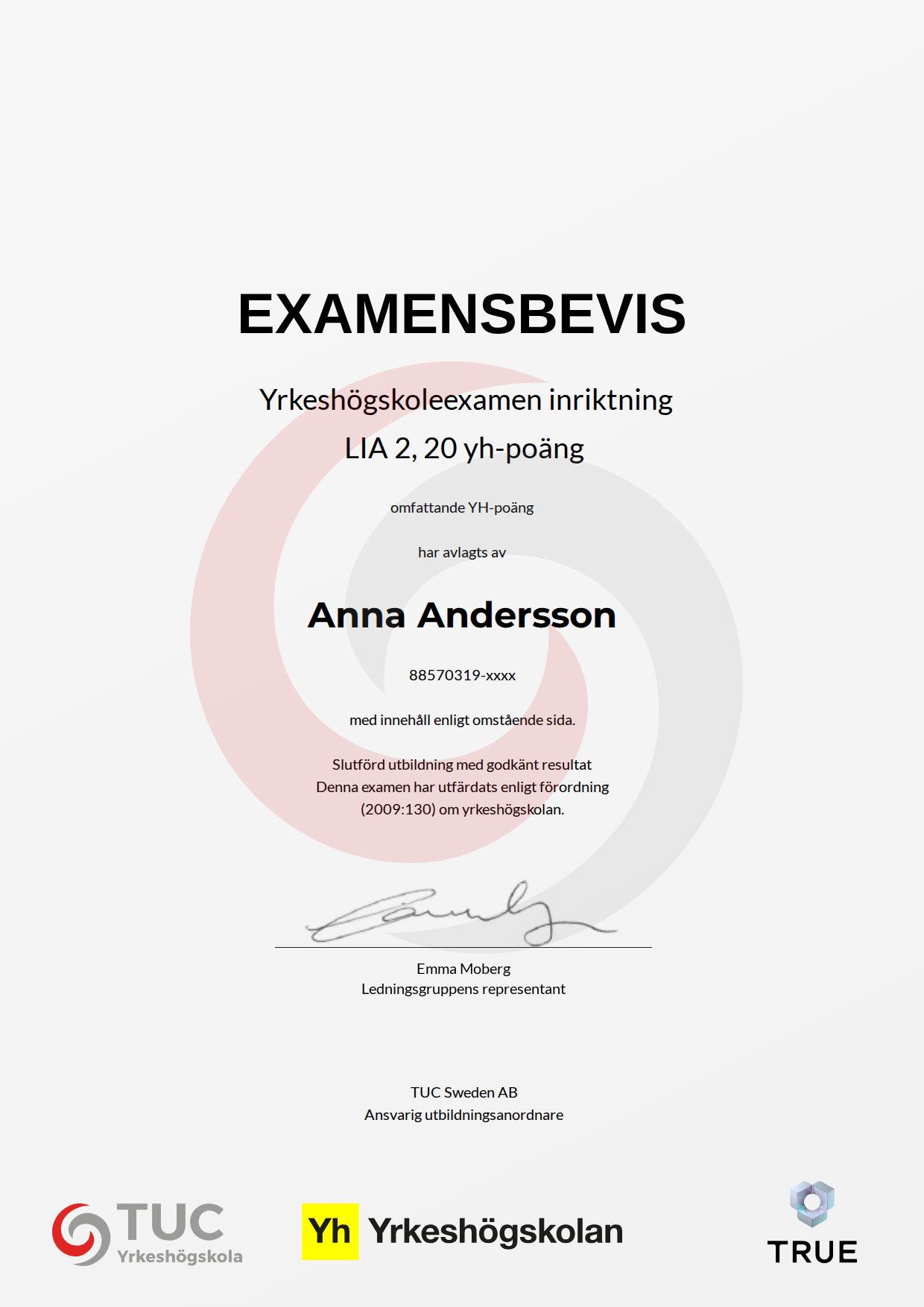 Example certificate for LIA 2, 20 yh-poäng from TUC Yrkeshögskola